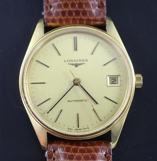 A gentlemans 18ct gold Longines automatic wrist watch,